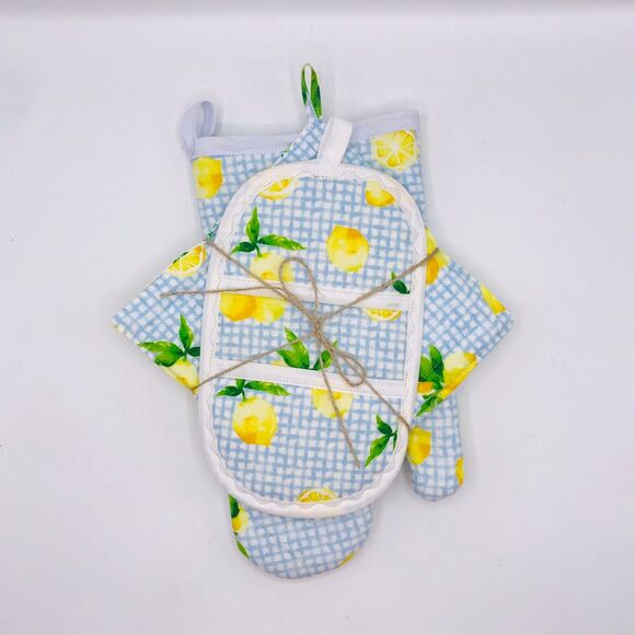 Oven Mitt, Potholder, and Finger Hotpad  Lemons Print, 3 Pc Baking Gift Set - Picture 1 of 7